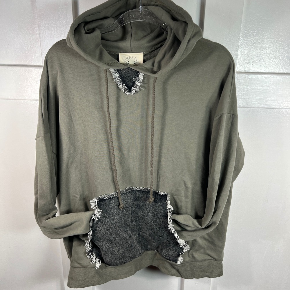 Fantastic Fawn Olive Green Distressed Frayed Denim Pocket & Accent‎ Hoodie NWT
